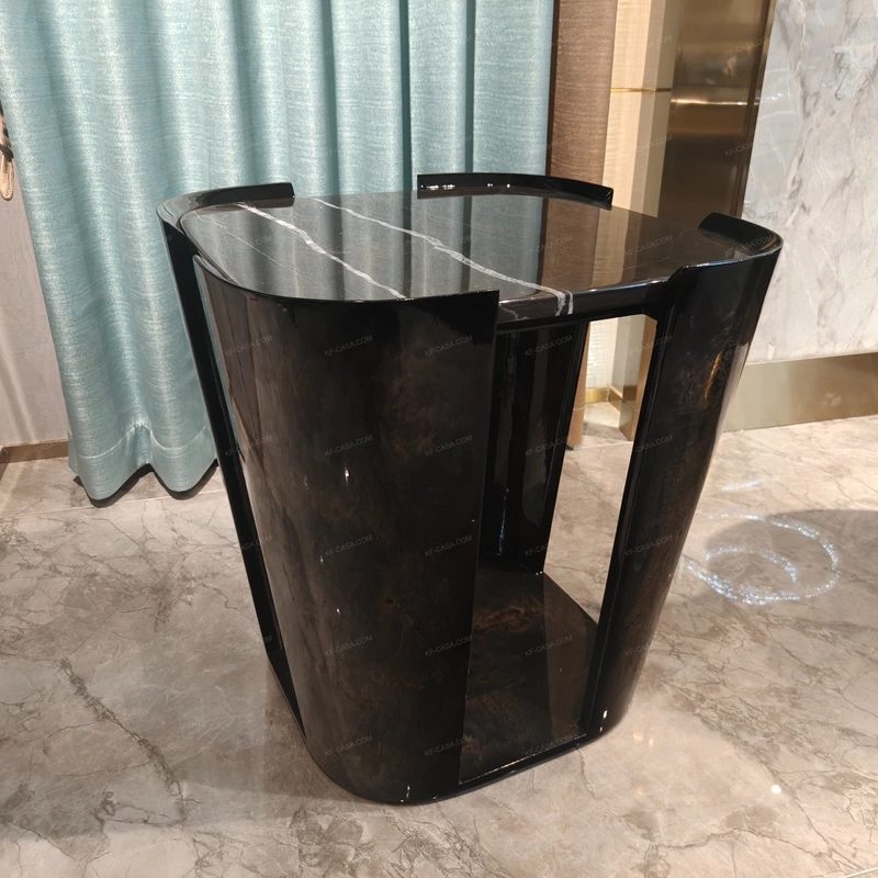 Sculptural Black Marble Sofa Side Table with Curved Dark Wood Panels and Open Architectural Base
